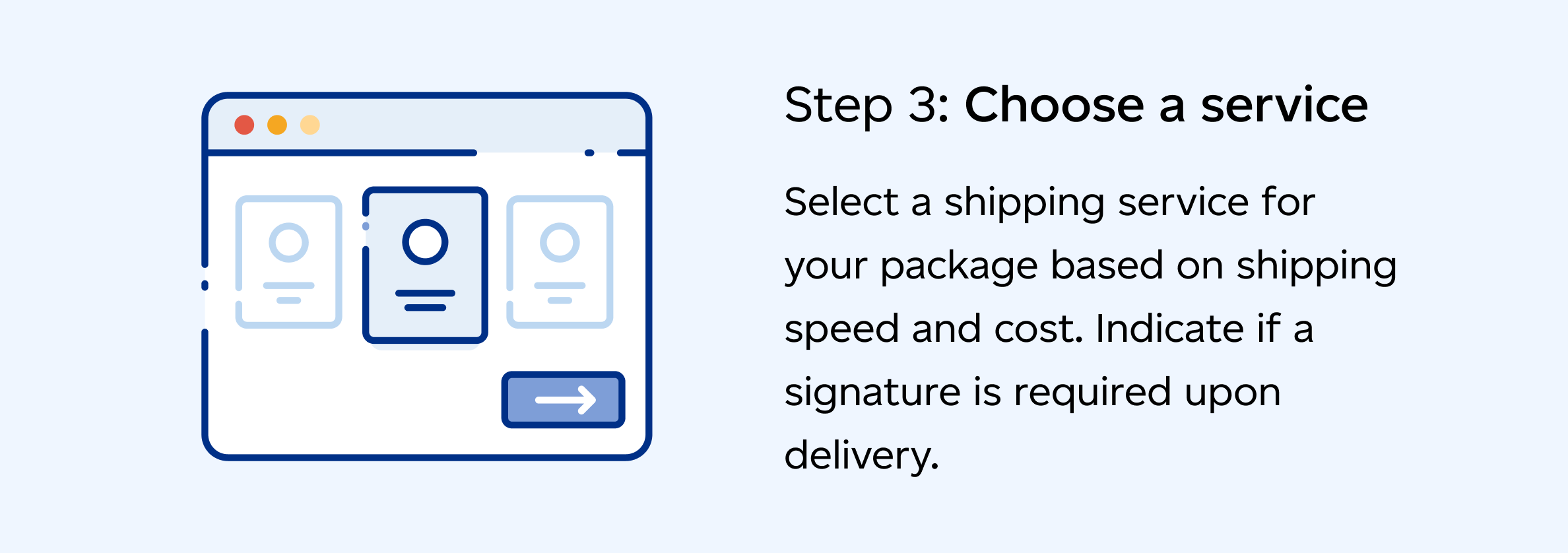 Step 3: Choose a shipping service for your package based on shipping speed and cost. Indicate if a signature is required upon delivery. 