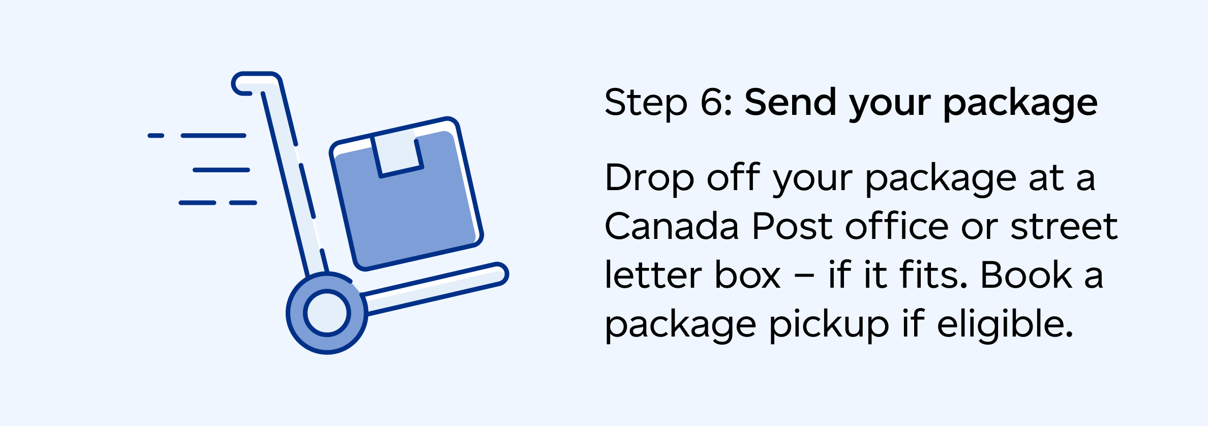 Step 6: Drop off your package at a Canada Post office or street letter box – if it fits. Book a package pickup if eligible.