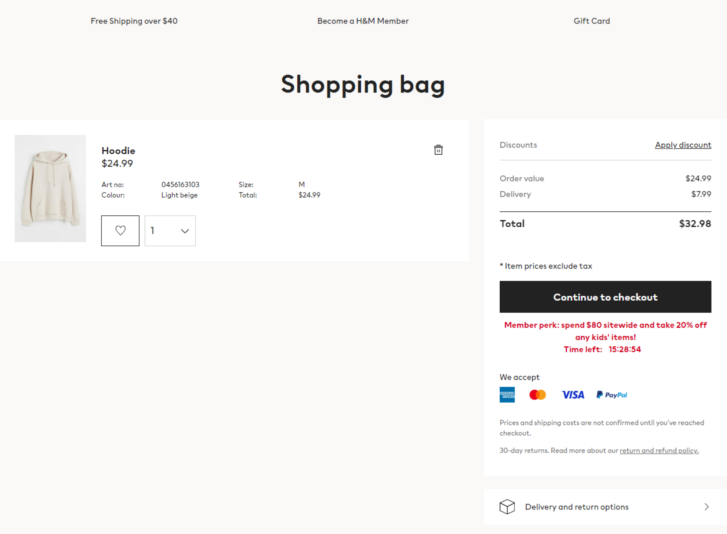 A screenshot of the H&M shopping bag page from their ecommerce site. It shows the item to be purchase, the pretax price, delivery fee and applicable discounts.