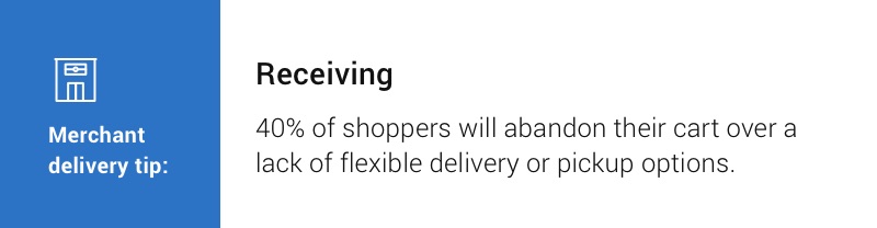 Merchant delivery tip: Receiving. 40% of shoppers will abandon their cart over a lack of flexible delivery or pickup options.