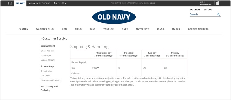 Old Navy’s website features a chart that outlines shipping and handling cost and delivery ETA options for their customers.