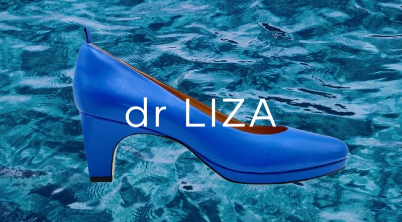 An ad for Dr. LIZA shoes featuring a blue high heel shoe