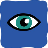 A green eyeball on a blue background.