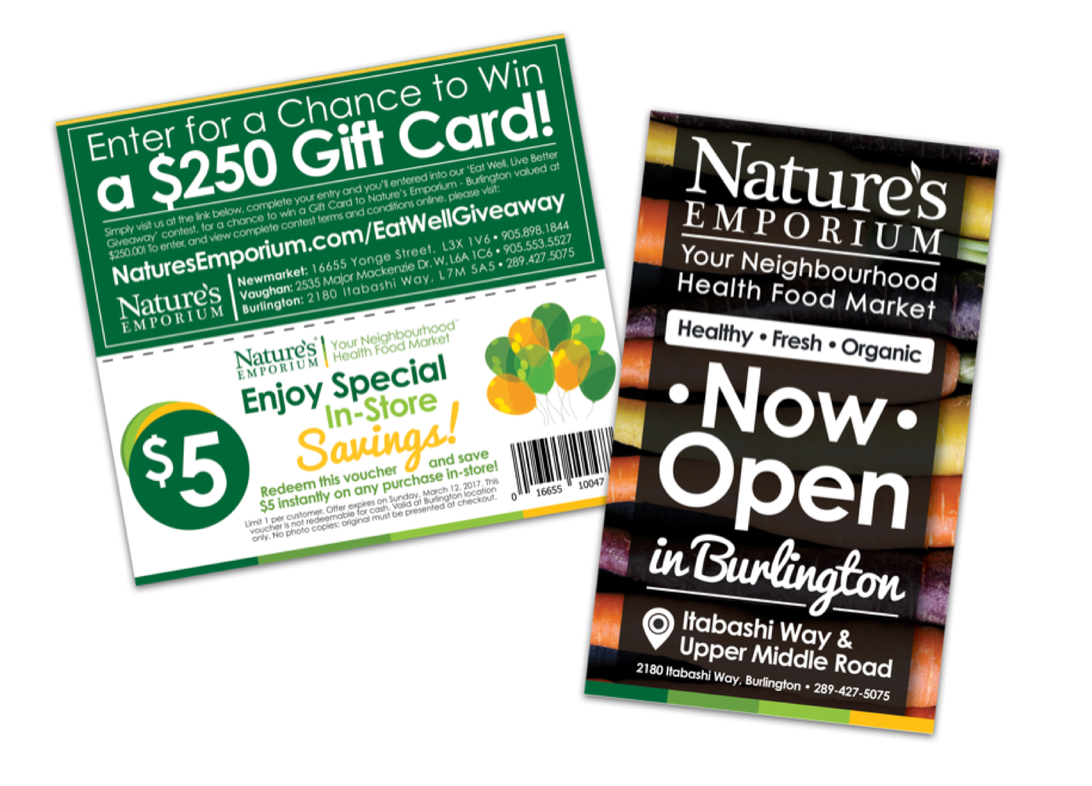 Examples of self-mailer coupon and postcard designs from Nature’s Emporium, a Burlington, Ontario health food market. 