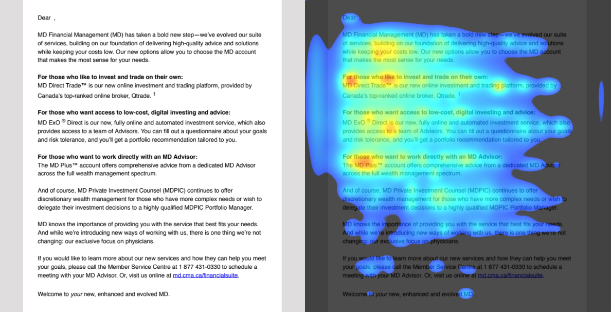 A text-heavy email design from MD financial, before being tested with trueSCAN vs. a heat map of the same text-heavy email tested with trueSCAN. It shows where a reader’s attention was focused.