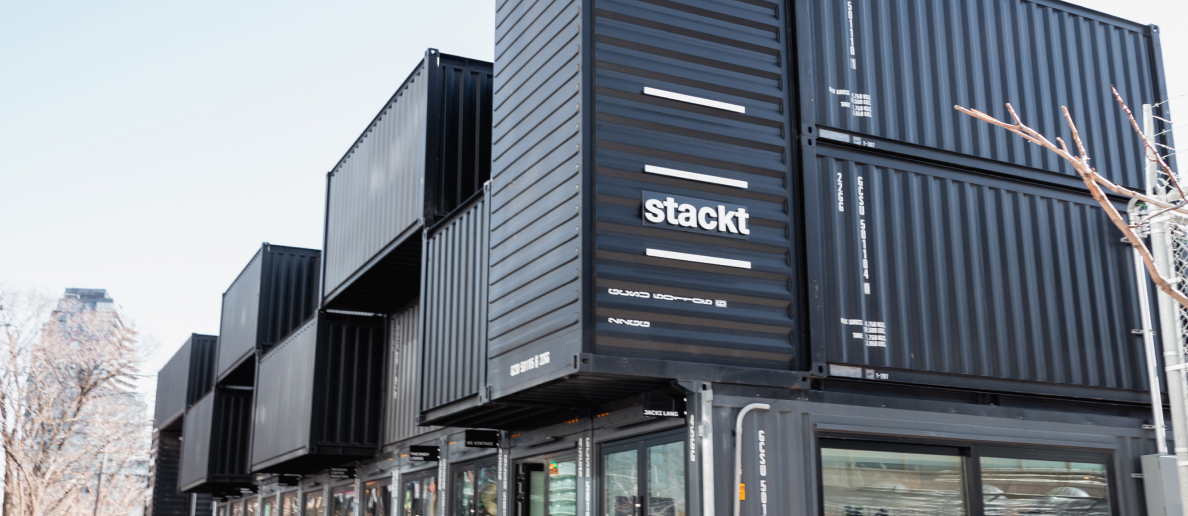The Stackt market building in Toronto, made out of stacked, recycled shipping containers. 