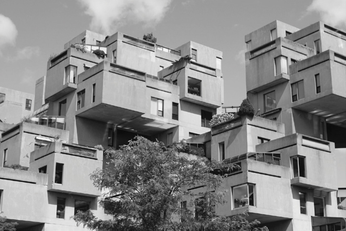 An exterior view of Habitat 67, a collection of modular apartments in Montreal.