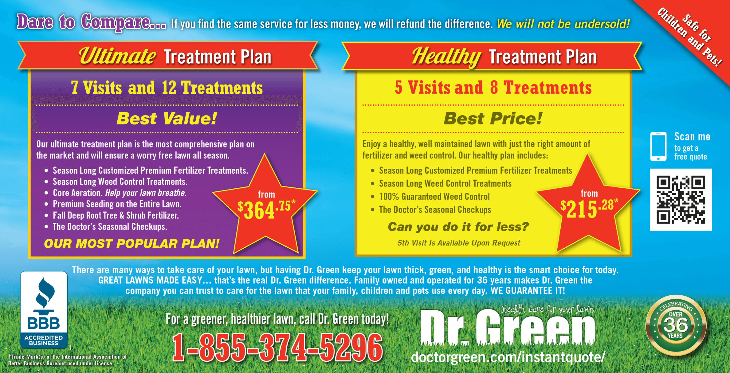 The back of a direct mail flyer from Dr. Green lawn care services outlining the company’s best value and best price packages.