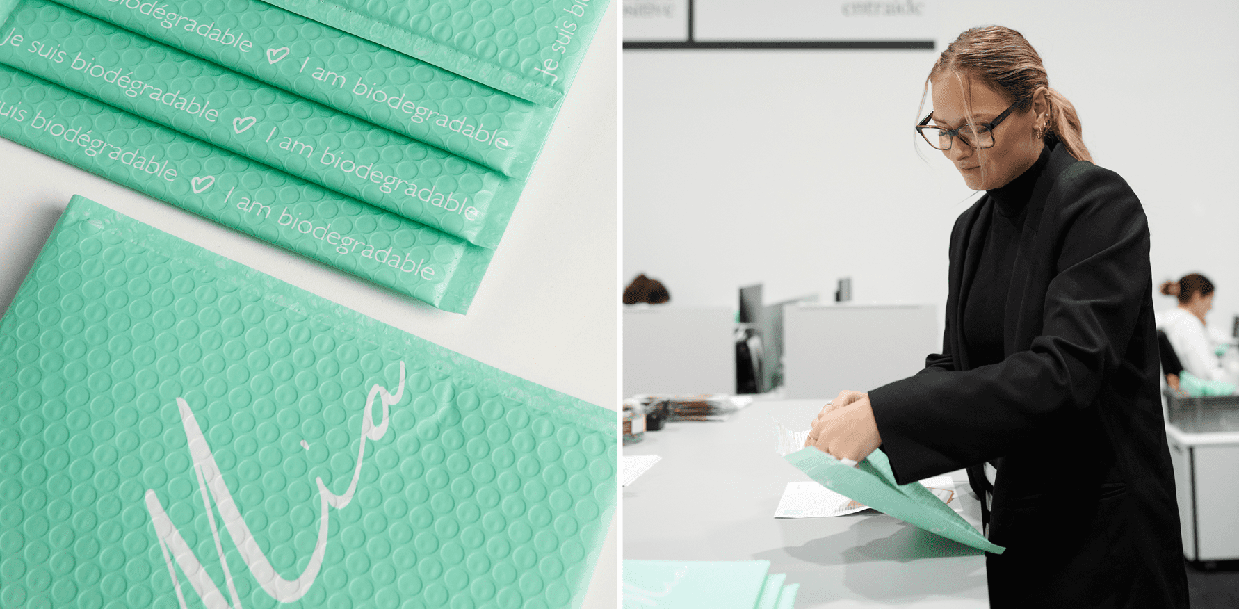 A Mia Bijoux employee places items into branded, mint green packets.