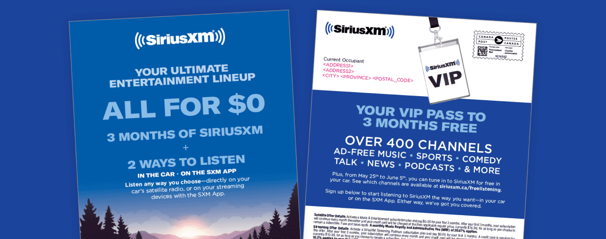 A direct mail piece from a SiriusXM marketing campaign.