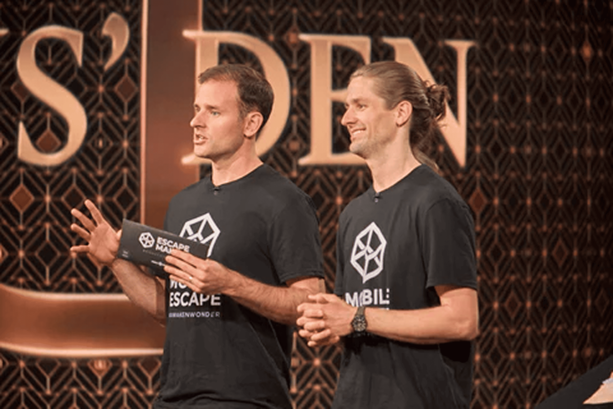 The founders of Escape Mail (formerly Mobile Escape) on stage during their Dragon’s Den appearance.