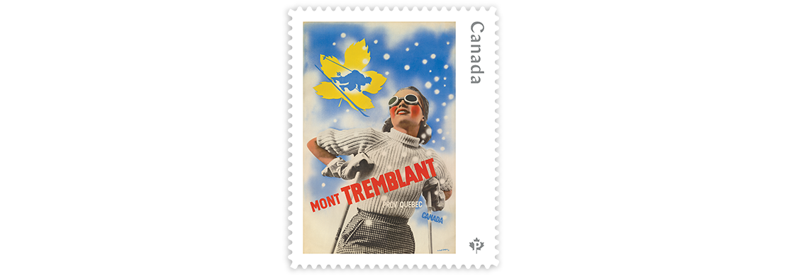 Stamp depicting a travel poster of a vacationer at Mont Tremblant
