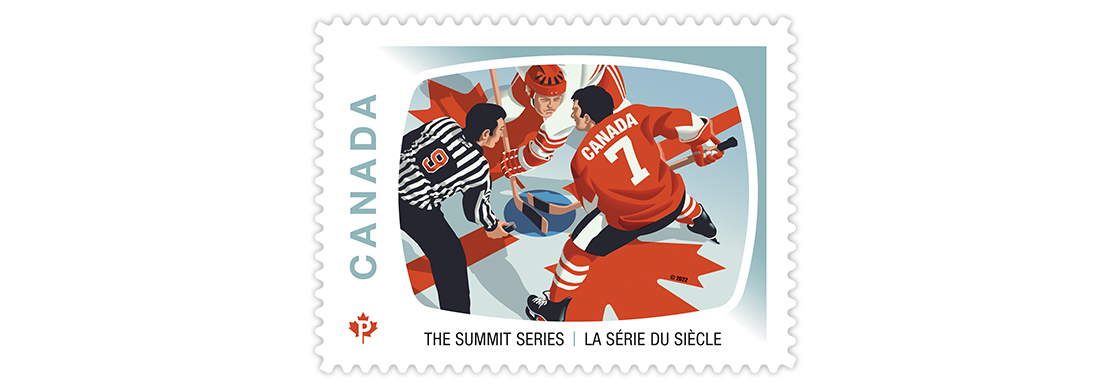 Stamp featuring illustration of face-off as viewed on a television