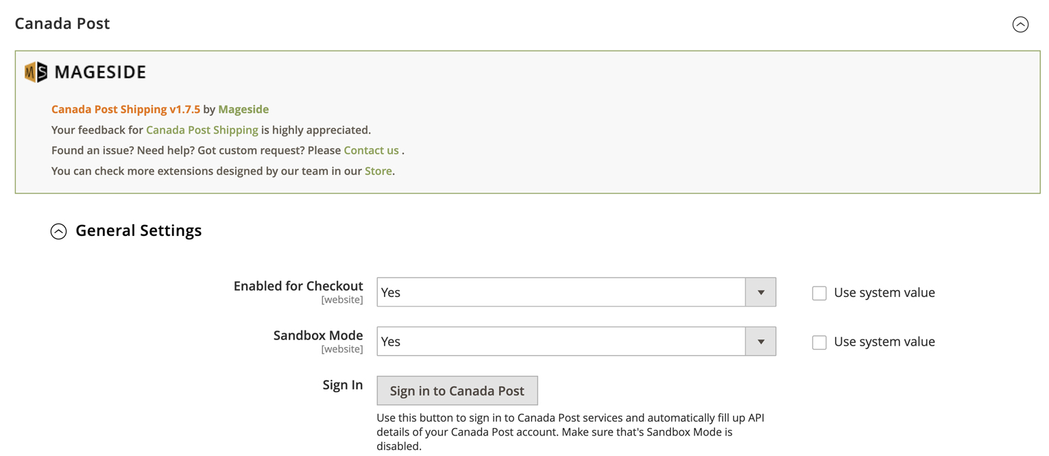 A screenshot of an online store dashboard. User is configuring the general settings for the Canada Post plugin within Magento. 