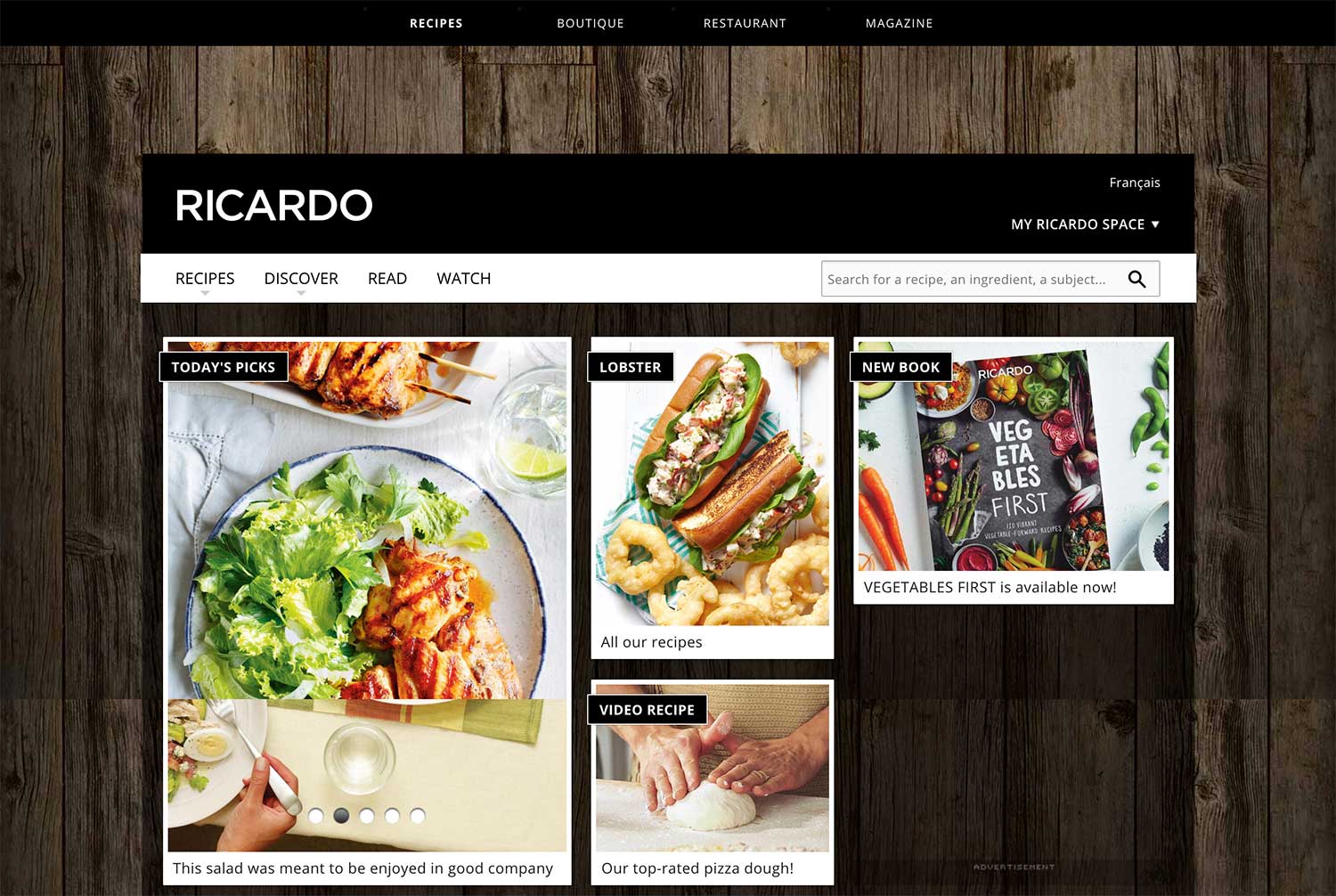 A screenshot of RICARDO’s website featuring recipes, cookbooks, and food videos.
