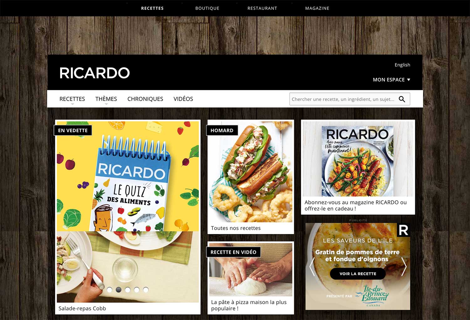 Une capture d’écran du site Web de RICARDO contenant des recettes, des livres de recettes et des vidéos de cuisine.