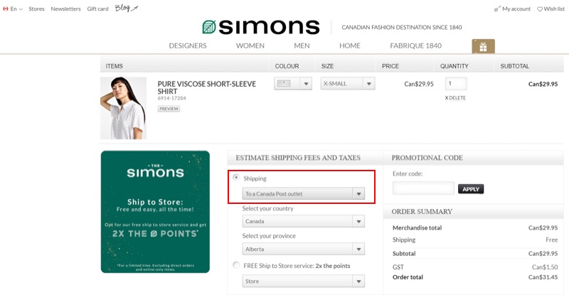 The shipping selections offered by clothing retailer Simons.