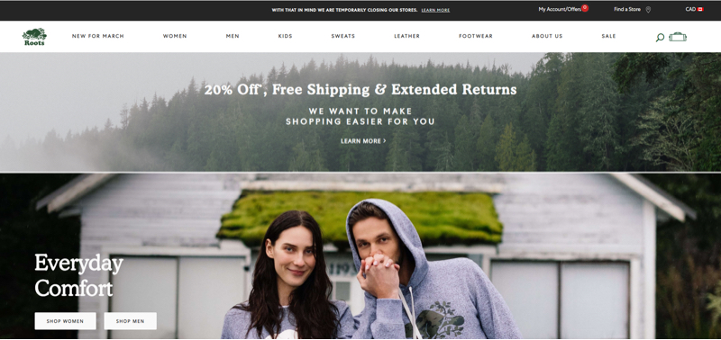A banner on Roots’ website promotes the retailer’s free shipping and extended returns policies.