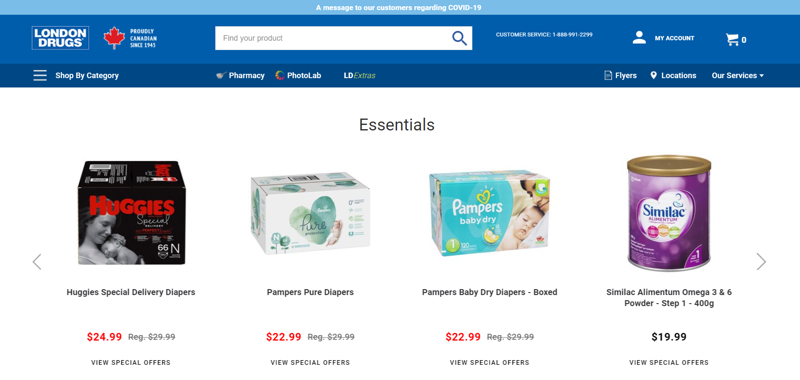 The homepage of London Drugs’ website promotes baby essential items, including diapers and formula, that are on special.