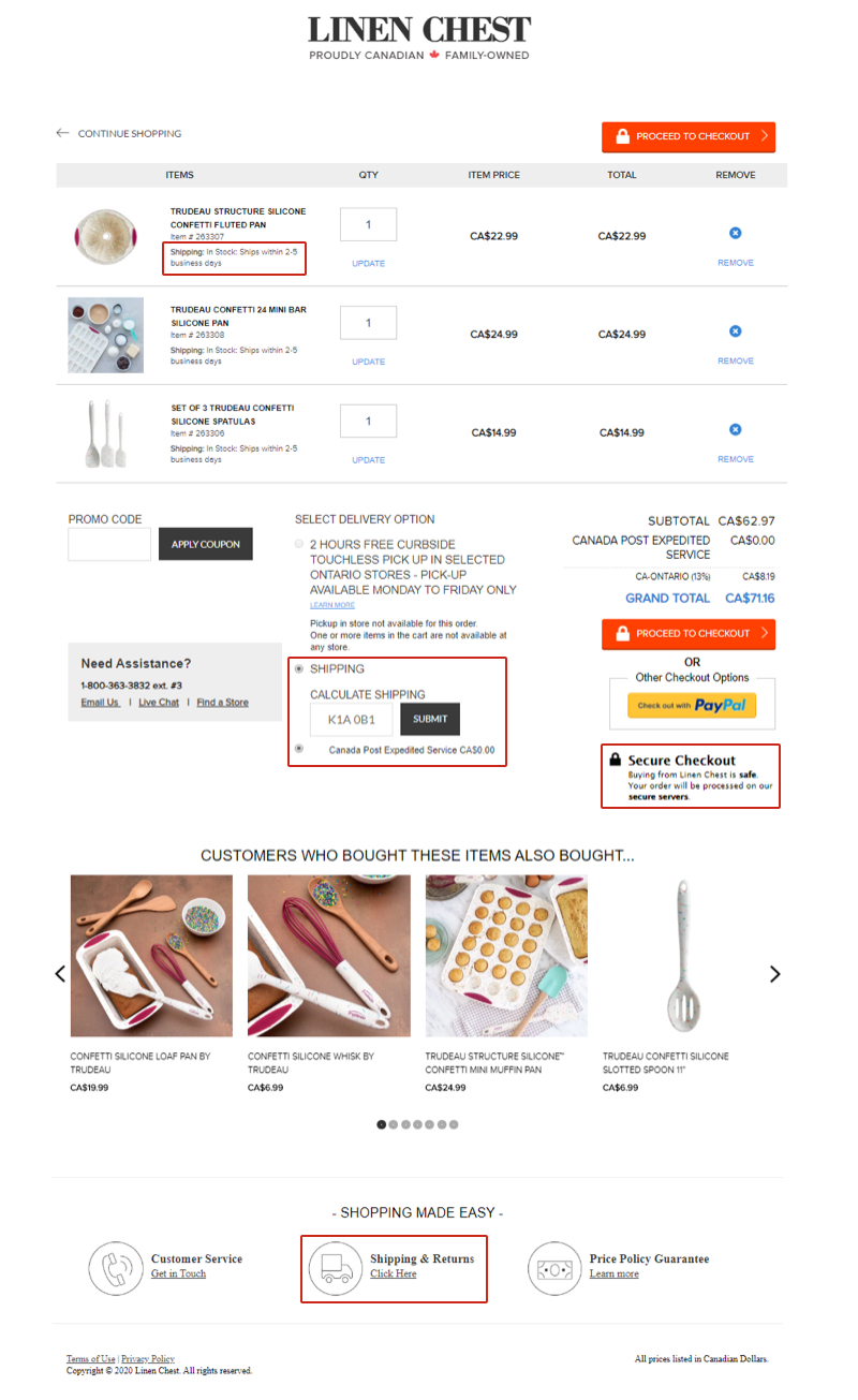 A customer’s online shopping cart for Linen Chest. Stock availability, shipping estimates, the store’s free shipping threshold and shipping carrier are displayed.