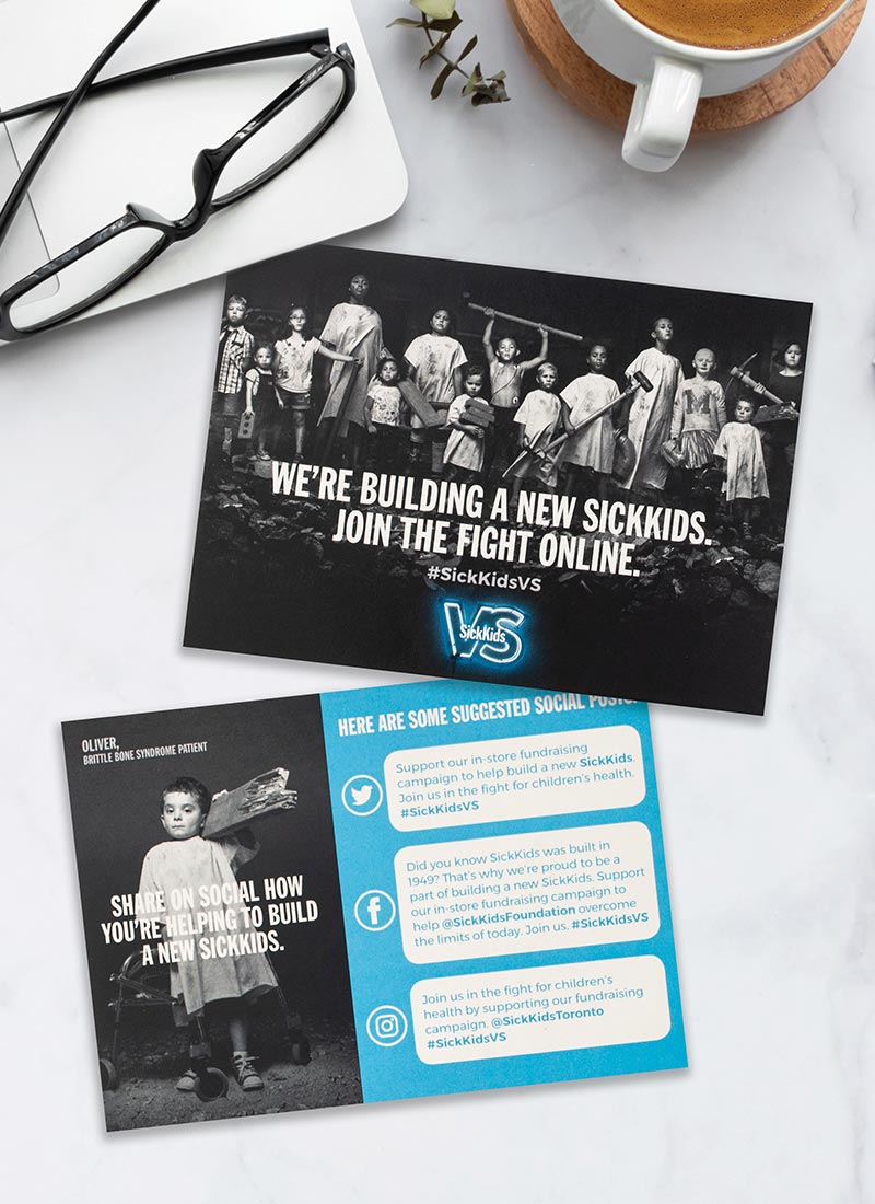 A SickKids VS campaign postcard challenges donors to join their fight online and suggests social media posts they can share.