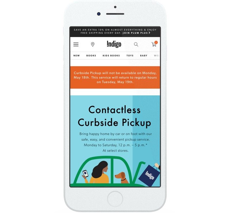 Indigo’s website features a graphic promoting their contactless curbside pickup and a message bar promoting free shipping. 
