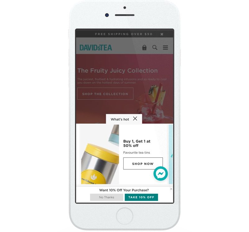 DAVIDsTEA promotes a buy-one-get-one 50% off promotion on tea tins on their website.